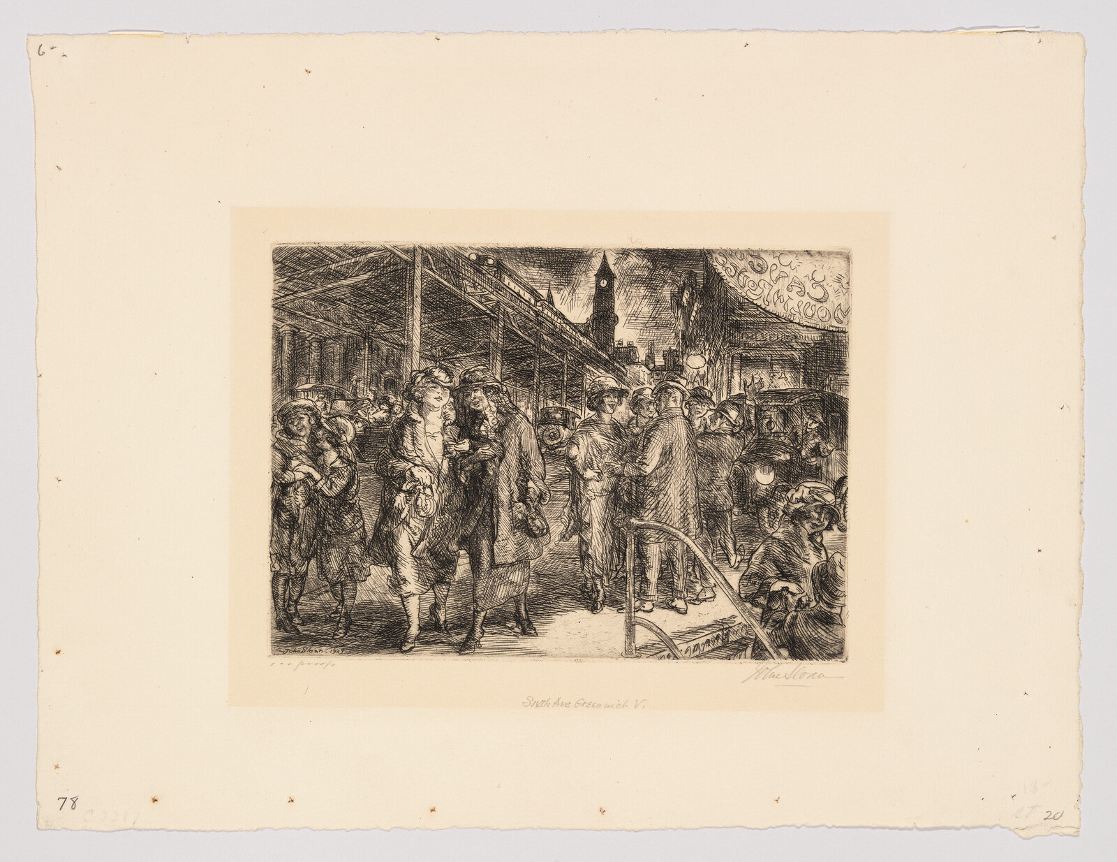 Crowd of early 20th-century people walking and talking under a covered market or train station.