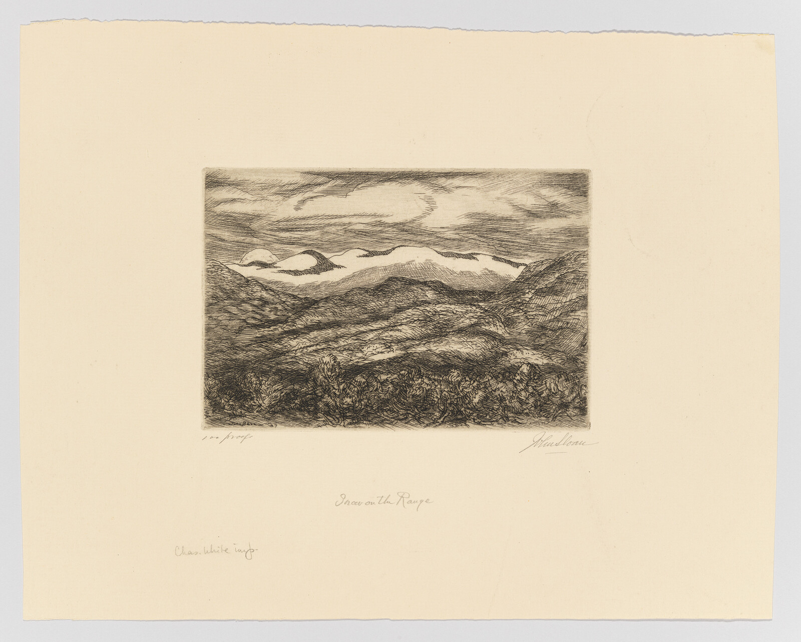 An etching of a mountainous landscape titled "Snow on the Range" by an artist, with the foreground featuring dark, detailed strokes representing dense vegetation, and the background showing lighter, smoother strokes for the snow-capped mountains and clouds. The print is numbered and signed by the artist, with additional handwritten text on the bottom margin of the paper.