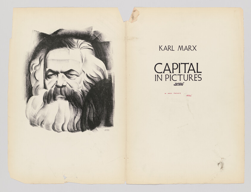 Large charcoal portrait of a bearded man opposite a title page reading "Karl Marx Capital in Pictures."