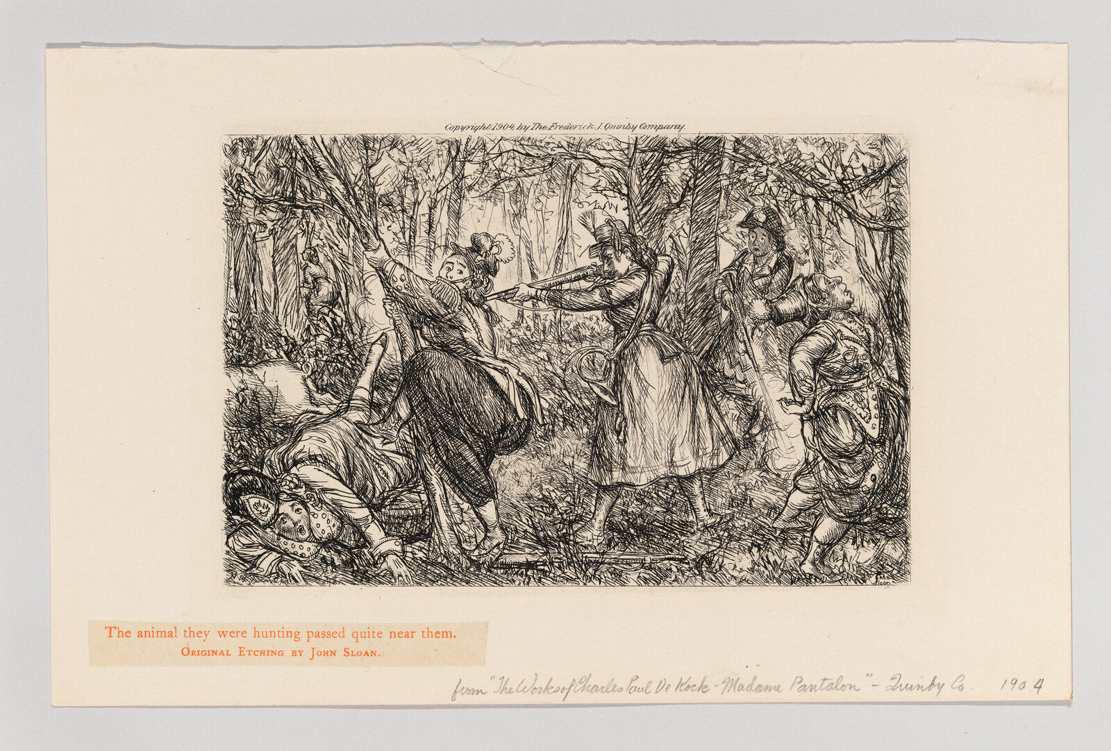 Women in period clothing aim rifles and react as their hunted animal passes nearby in the woods.
