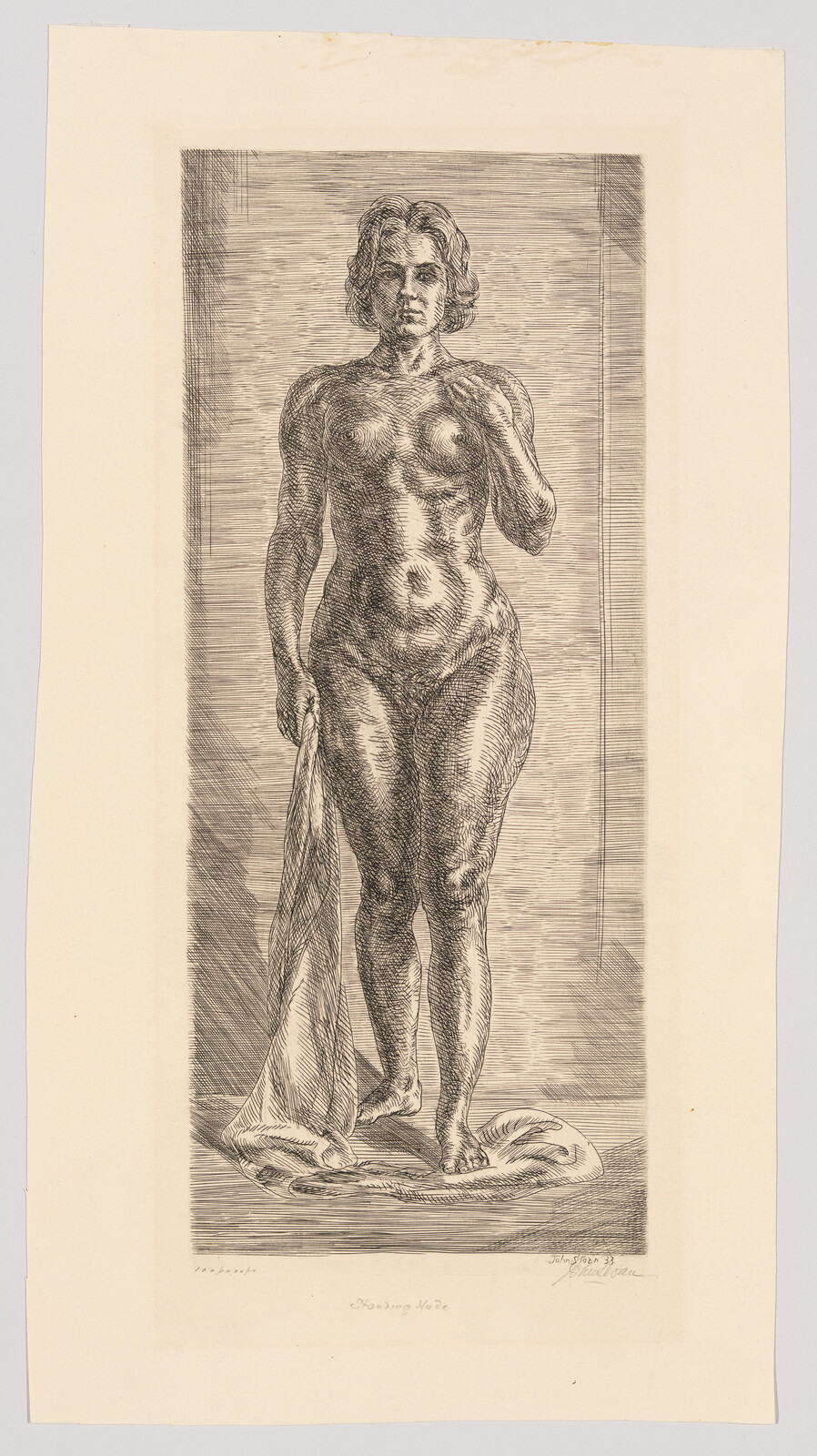 Sketch of a classical male figure standing with a draped cloth, reminiscent of Renaissance art.