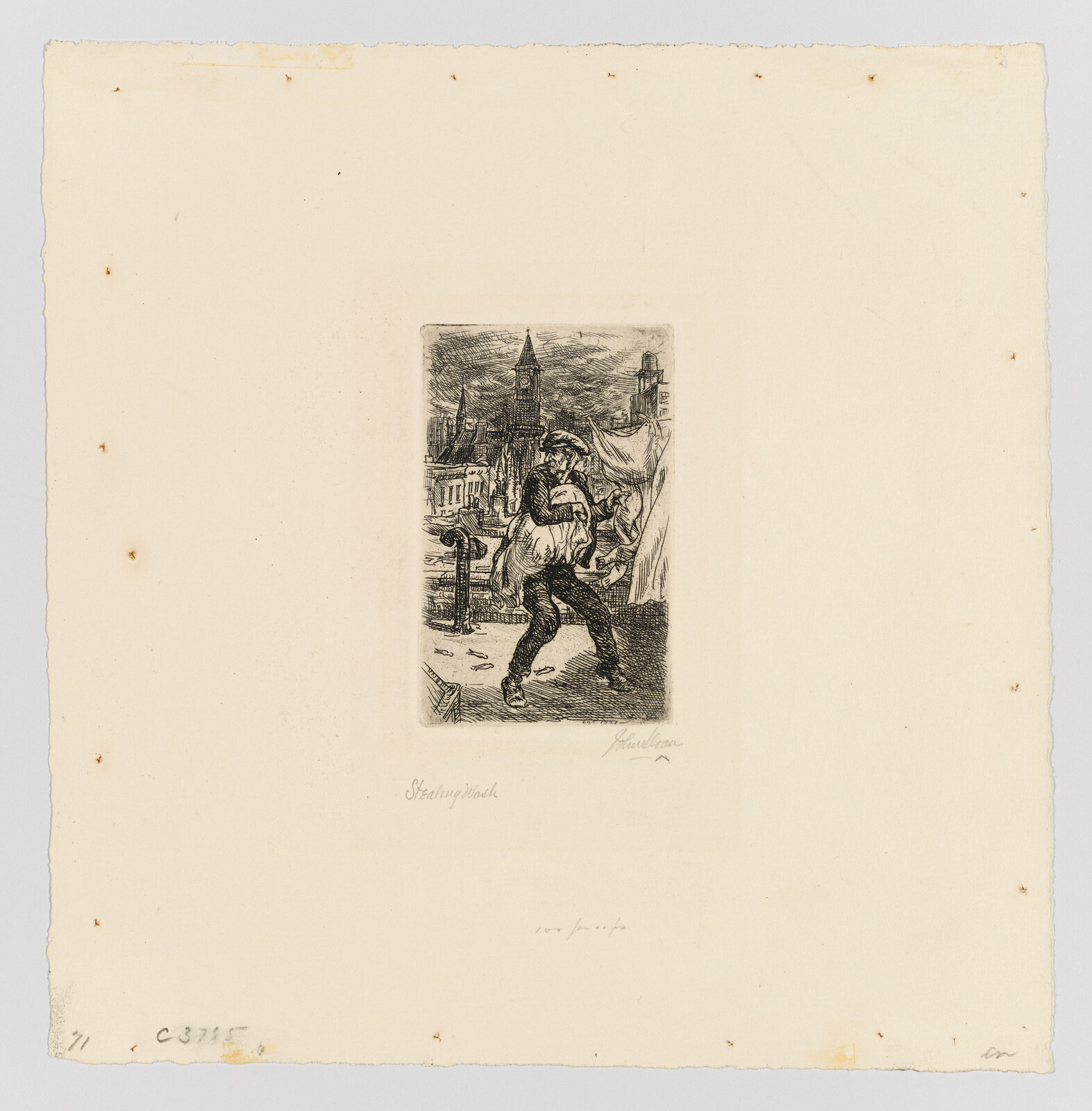 A man urgently carries a bundled child through a windy street with a clock tower behind.