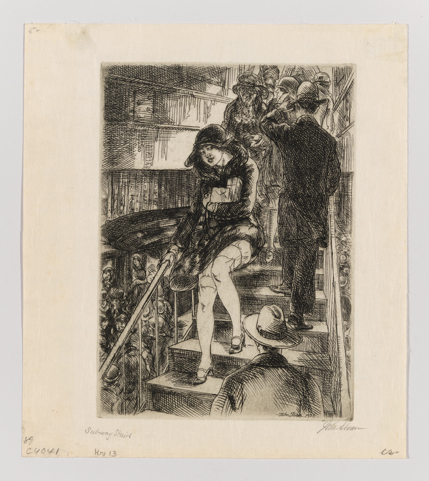 Etching of people on a staircase, with a prominent woman in a cloche hat, surrounded by men in overcoats and hats.