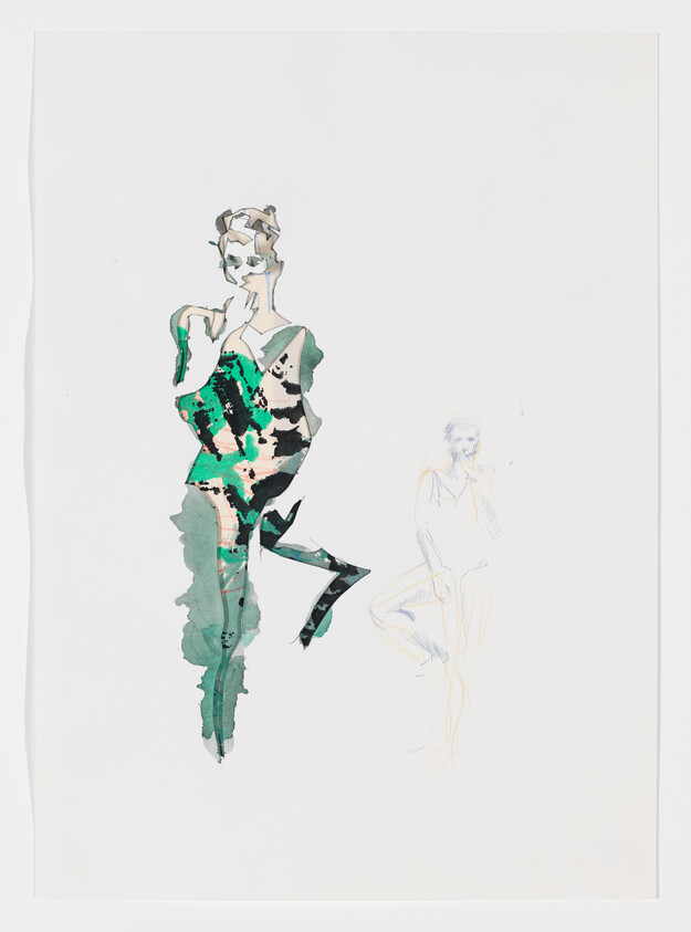 A fashion illustration featuring two figures on a white background. The prominent figure is fully colored with green and black watercolor textures, depicting a stylish outfit with abstract patterns. The second figure is a faint pencil sketch, seemingly in a relaxed pose with one hand touching the face. The artwork combines detailed coloring with minimalist sketching, creating a contrast between the finished and the unfinished.