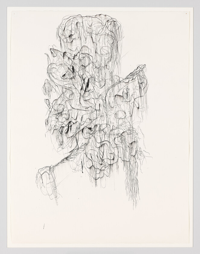 Tangled, dripping black ink lines form an abstract, vertical organic shape on white paper.