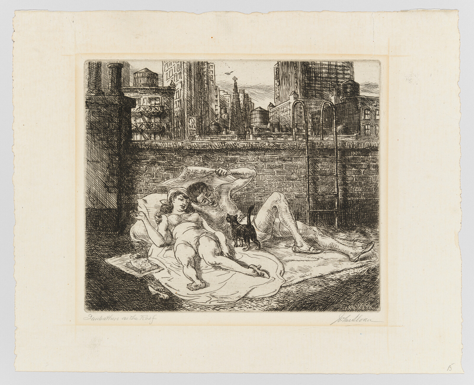 An etching depicting a surreal scene with a couple reclining on a bed in the foreground, with a small dog beside them, set against an urban backdrop with tall buildings and a cityscape. The artwork combines domestic intimacy with an industrial environment, and is titled "Sunbathers on the Roof." The artist's signature is visible in the lower right corner.