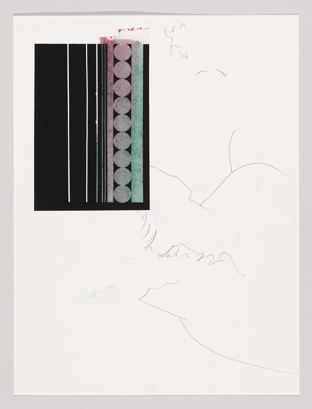 A mixed media artwork with abstract and sketch elements. On the left, a vertical collage of black bars and a column of gray circles on a teal background, with a smudge of pink at the top. To the right, faint pencil sketches of what appear to be bird outlines and human facial features on a white background.