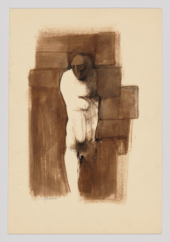 A solitary cloaked figure standing within overlapping brown geometric blocks.