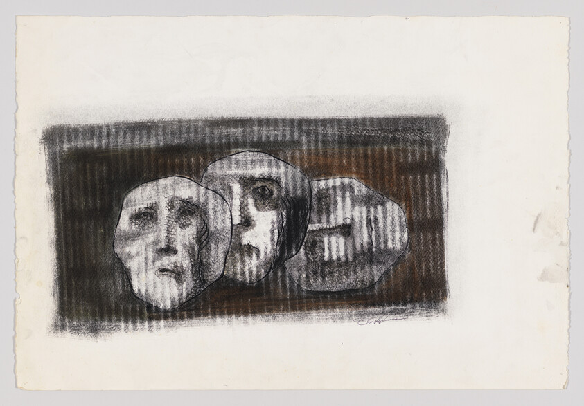Three overlapping carved stone faces with somber expressions lie against a dark textured background.