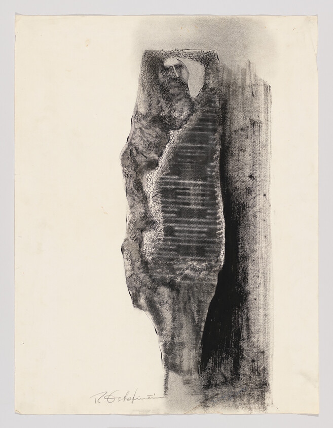 Vertical textured charcoal study of a rough rock-like column with horizontal striations on paper.