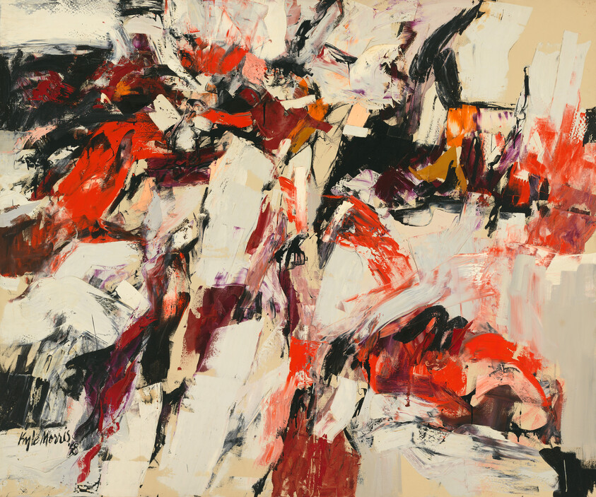 Abstract painting with bold red, black, and white brushstrokes creating energetic, chaotic movement.