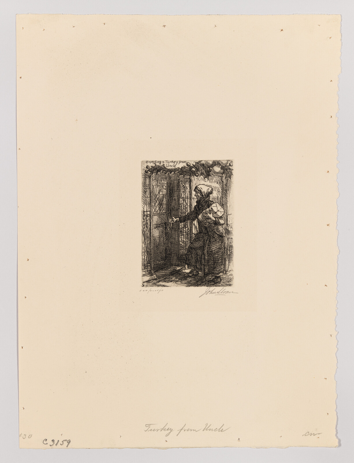 An elderly woman opens a screen door while carrying a wrapped package, expecting a delivery.