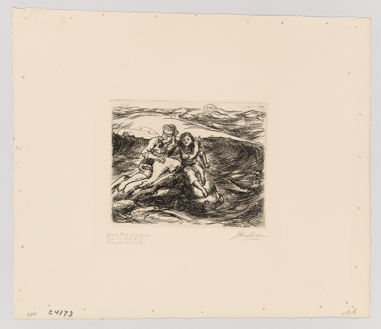 Two people cling to a rock while rough waves swirl around them.