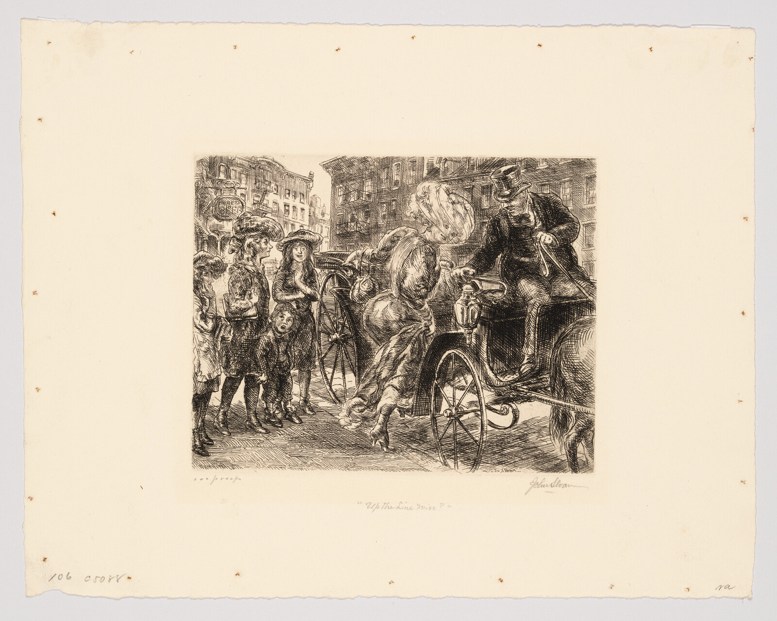 Well-dressed driver assists a lady climbing into a horse-drawn carriage as children watch.