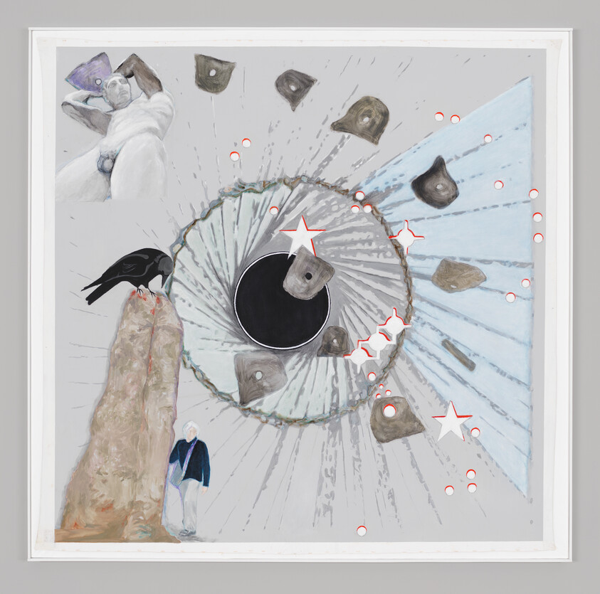 A surreal artwork featuring a central black hole surrounded by a ring of red dots and white stars, with rays emanating outward. A crow perches on a rocky outcrop to the left, while a figure in a blue coat stands to the right. Above, a reclining figure with a purple hat is surrounded by floating stone heads. The scene is framed within a white border.