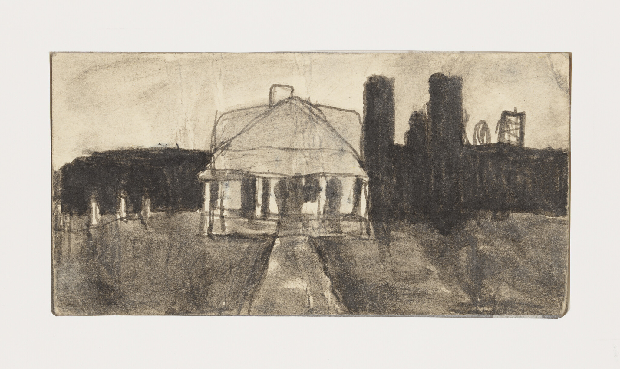 A charcoal sketch shows a small pavilion at the end of a straight path with dark trees.