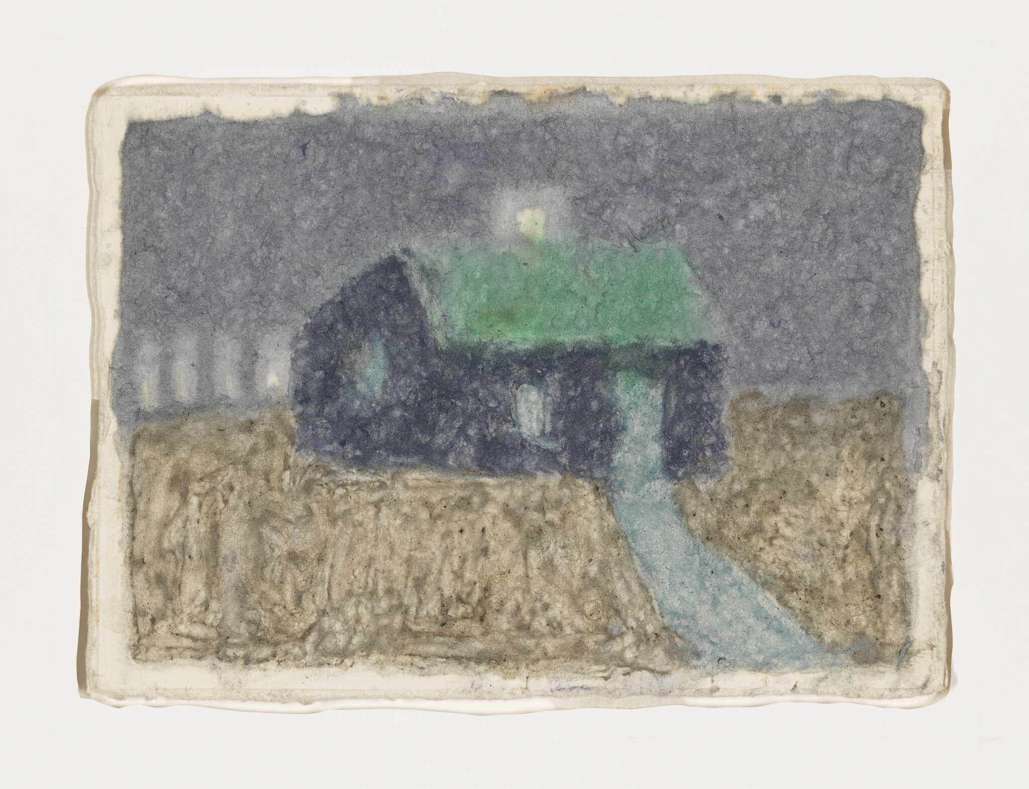 A small dark blue house with a green roof and a path leading toward it.