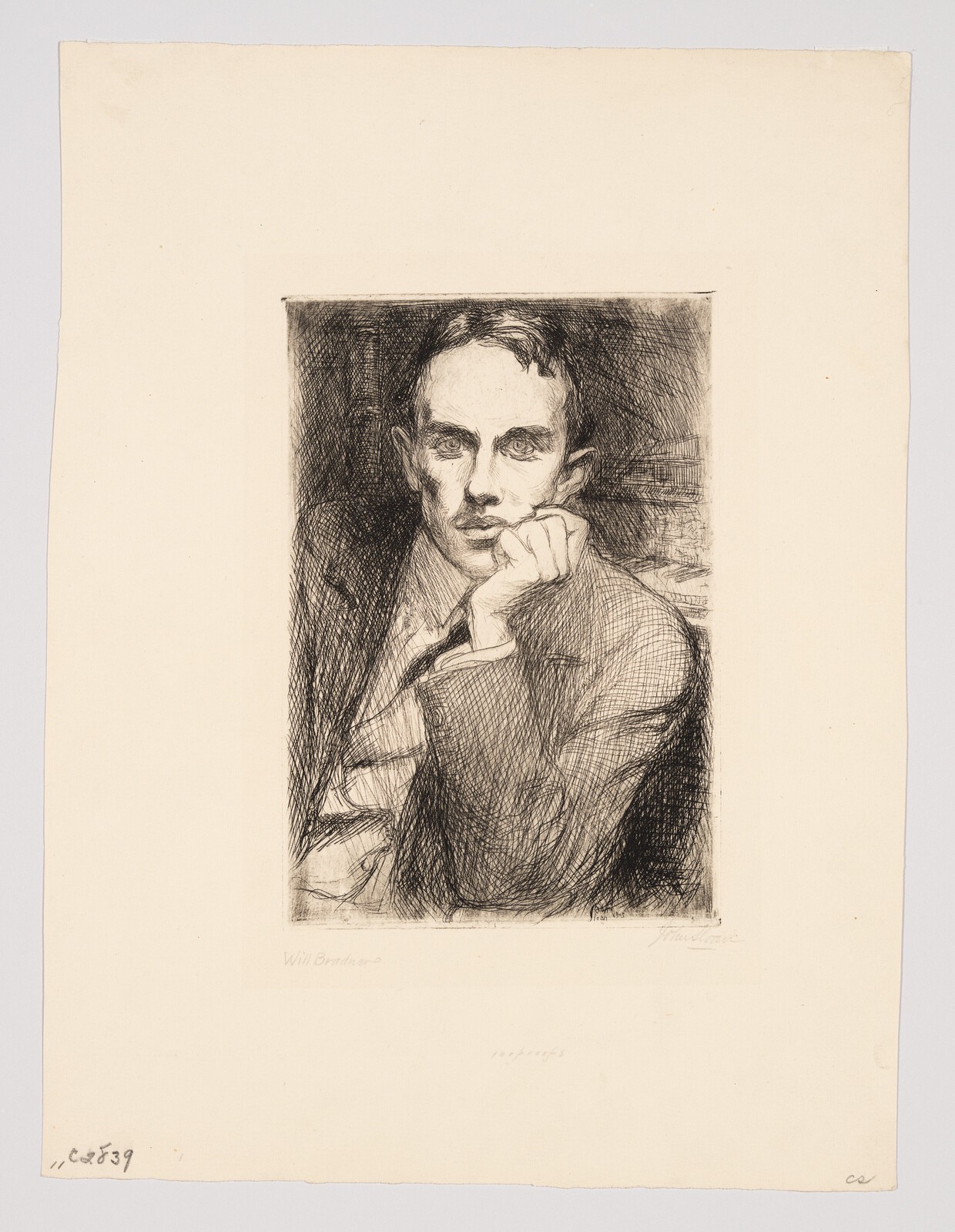 A drawn portrait of a young man resting his chin on his hand, looking thoughtful.