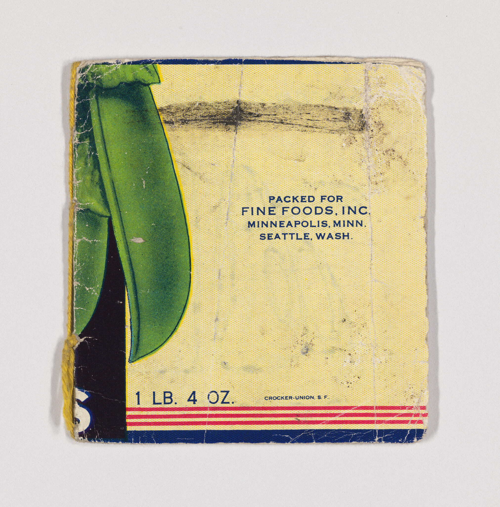 Worn vintage food label showing a green pea pod, packing locations, and 1 lb. 4 oz. weight.