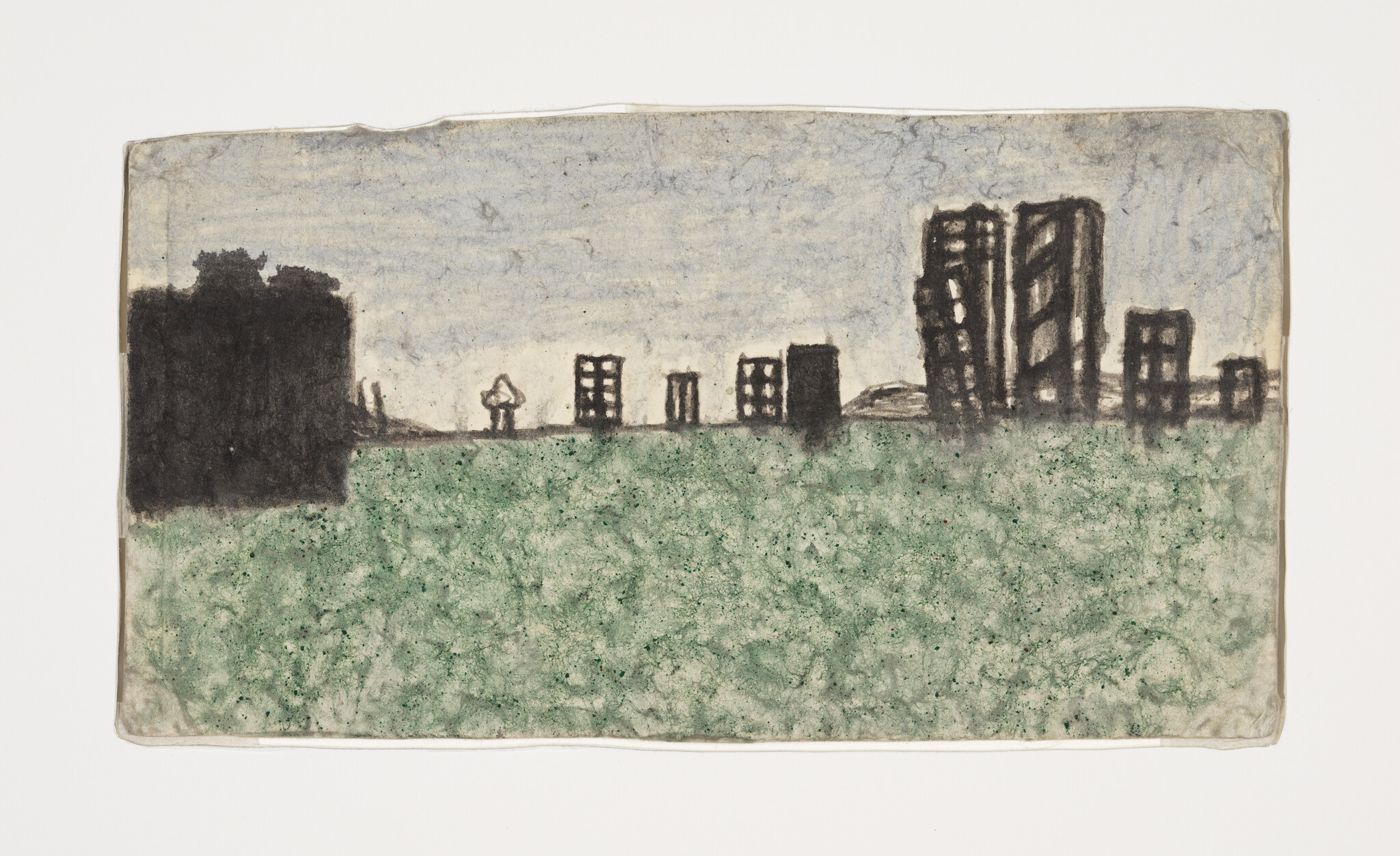 A simple sketch of dark apartment buildings along the horizon above a wide grassy field.