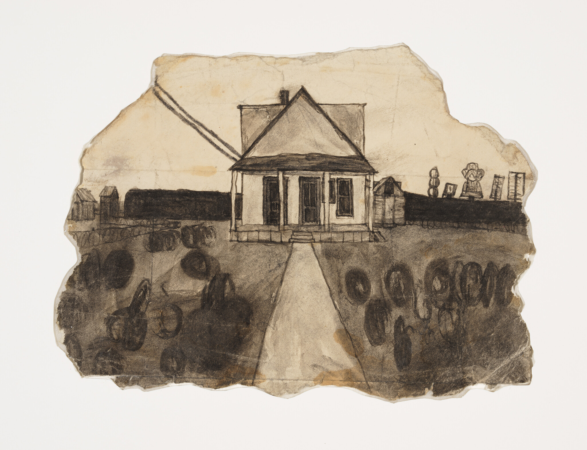 Small charcoal sketch of a simple house with a walkway leading through a dark yard.