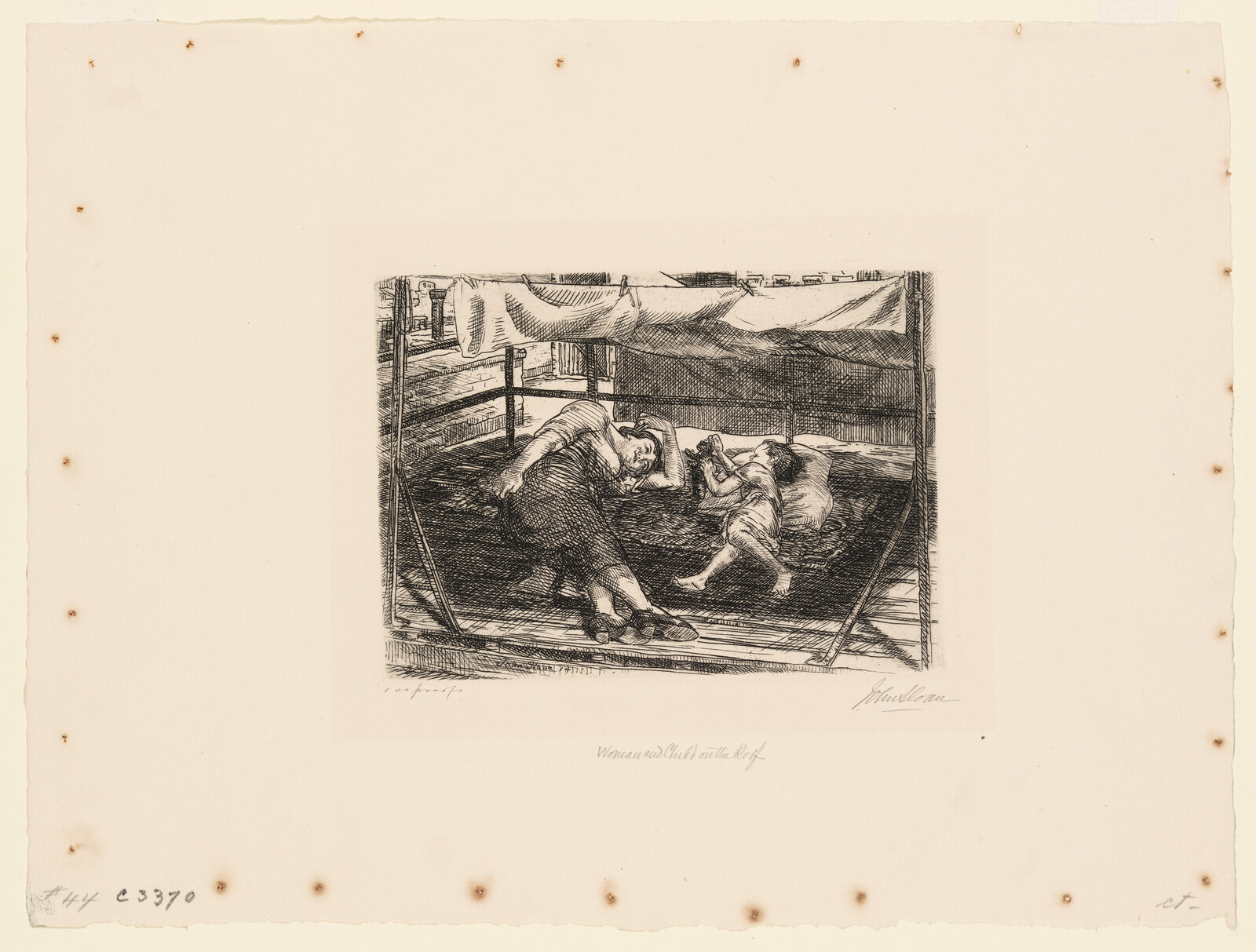 Etching of two women resting in a bunk bed, with one sitting up and the other lying down, in a rustic setting.