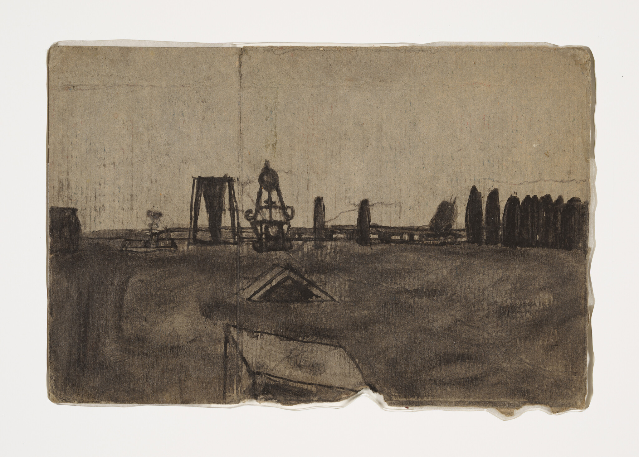 Rooftop sketch showing a low skyline with chimneys, a decorative finial, and distant trees.