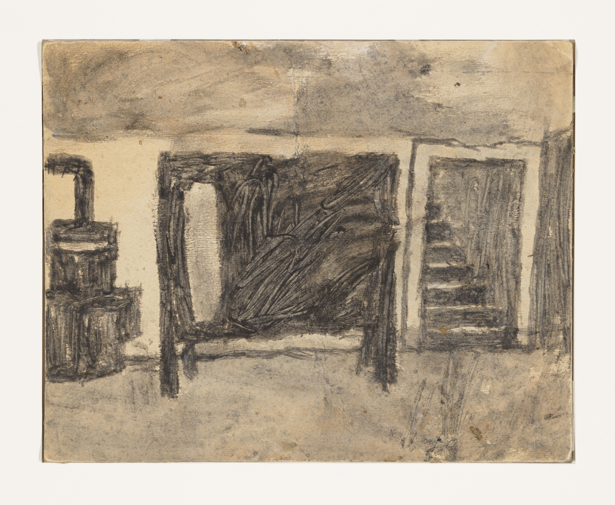 A rough charcoal sketch of a dim room with a bed, stove, and staircase.