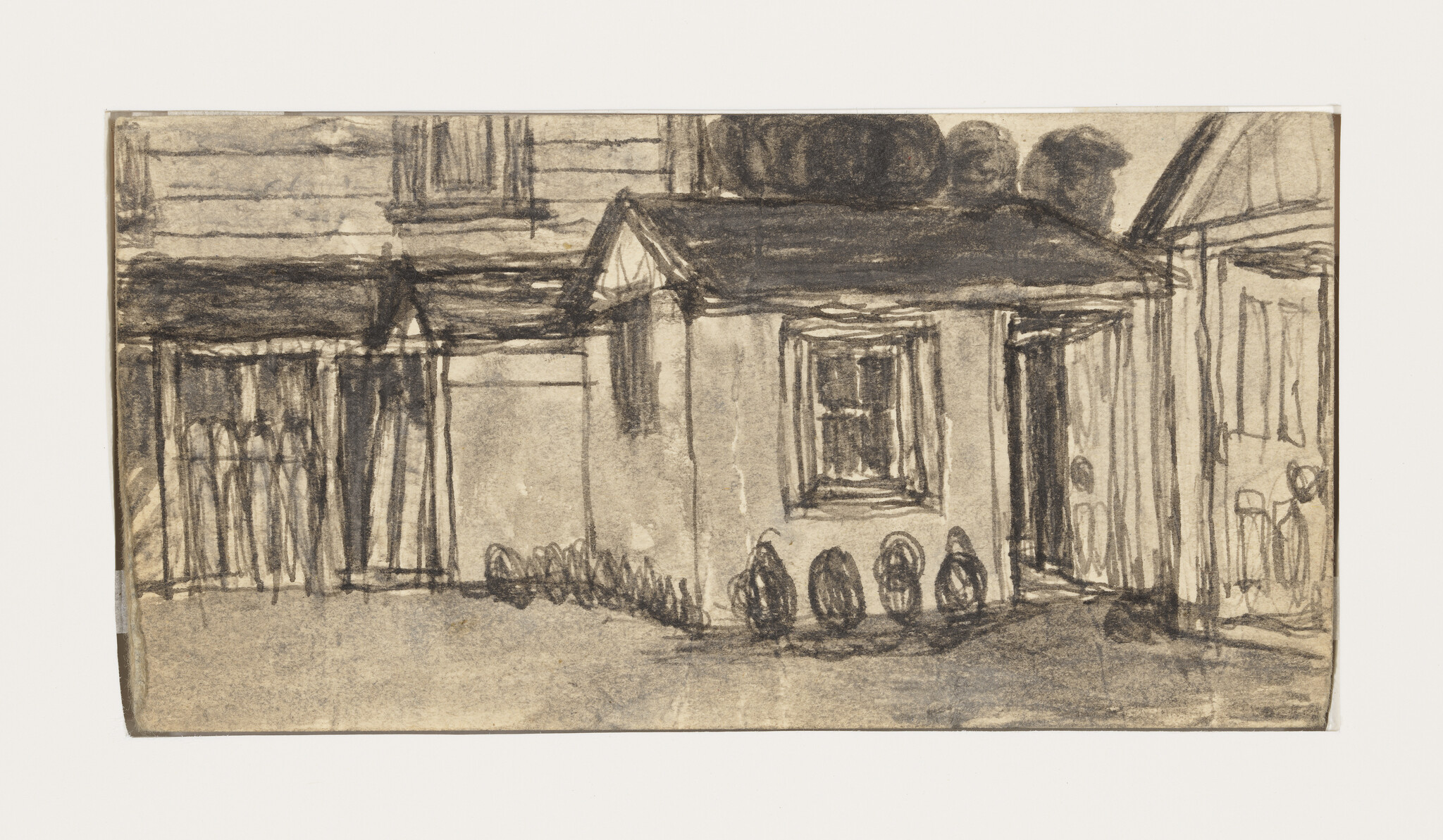 A sepia-toned sketch of a rustic building with a porch, featuring loosely defined lines and shading that suggest architectural details and foliage. The drawing has a vintage or aged appearance, with the paper showing signs of wear and discoloration.