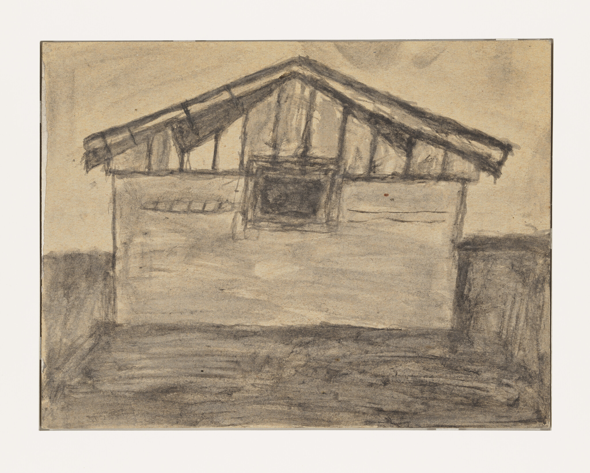 A simple charcoal sketch of a small house with a pitched roof and central window.
