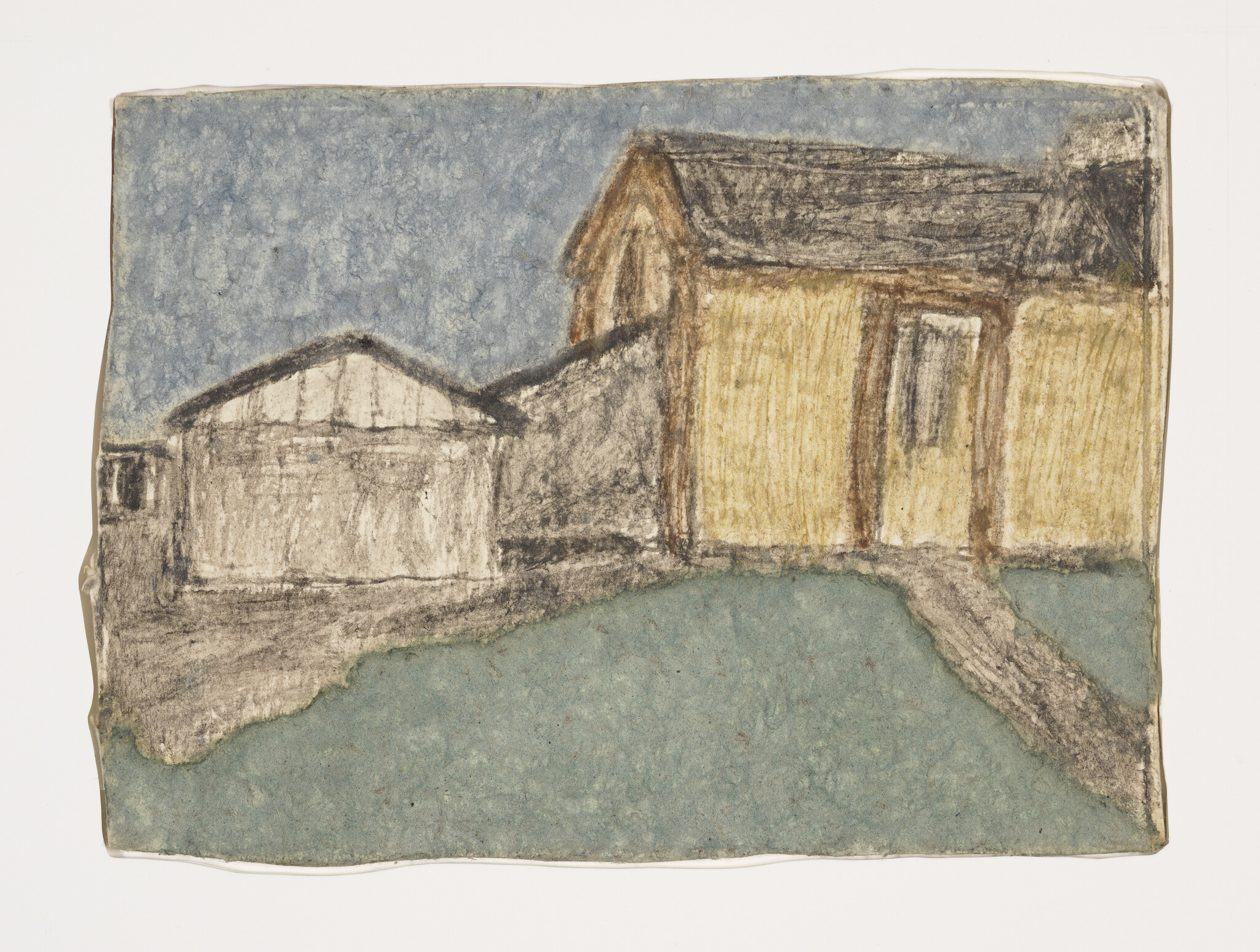 A hand-drawn sketch of a rustic wooden building with a prominent front and a smaller structure attached to the back, set against a textured blue sky. The artwork is rendered on paper with rough, uneven edges, and the colors appear muted with an emphasis on earth tones.