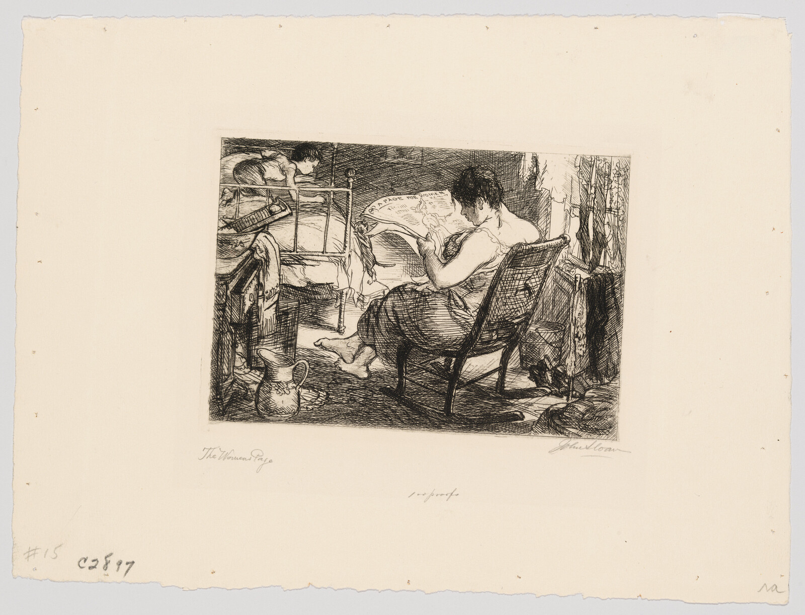 A seated mother reads a newspaper while breastfeeding her baby as a child watches from bed.