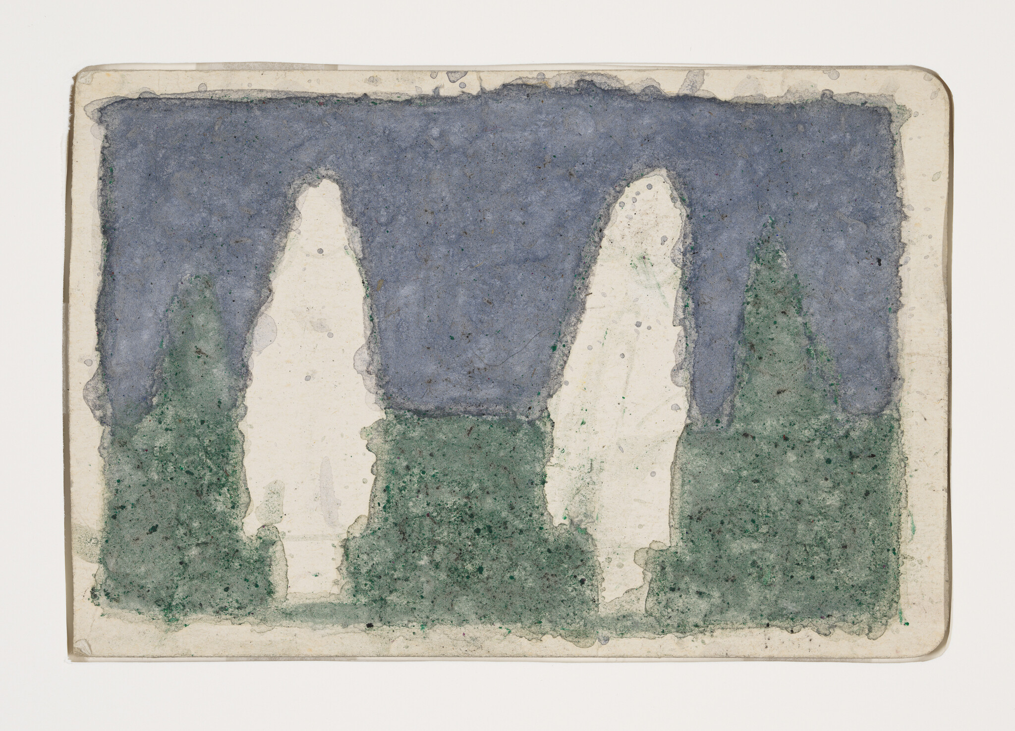 An abstract watercolor painting on paper featuring three vertical white shapes that resemble silhouettes of trees or figures, set against a dark blue sky and green ground. The paper shows signs of aging and wear around the edges.