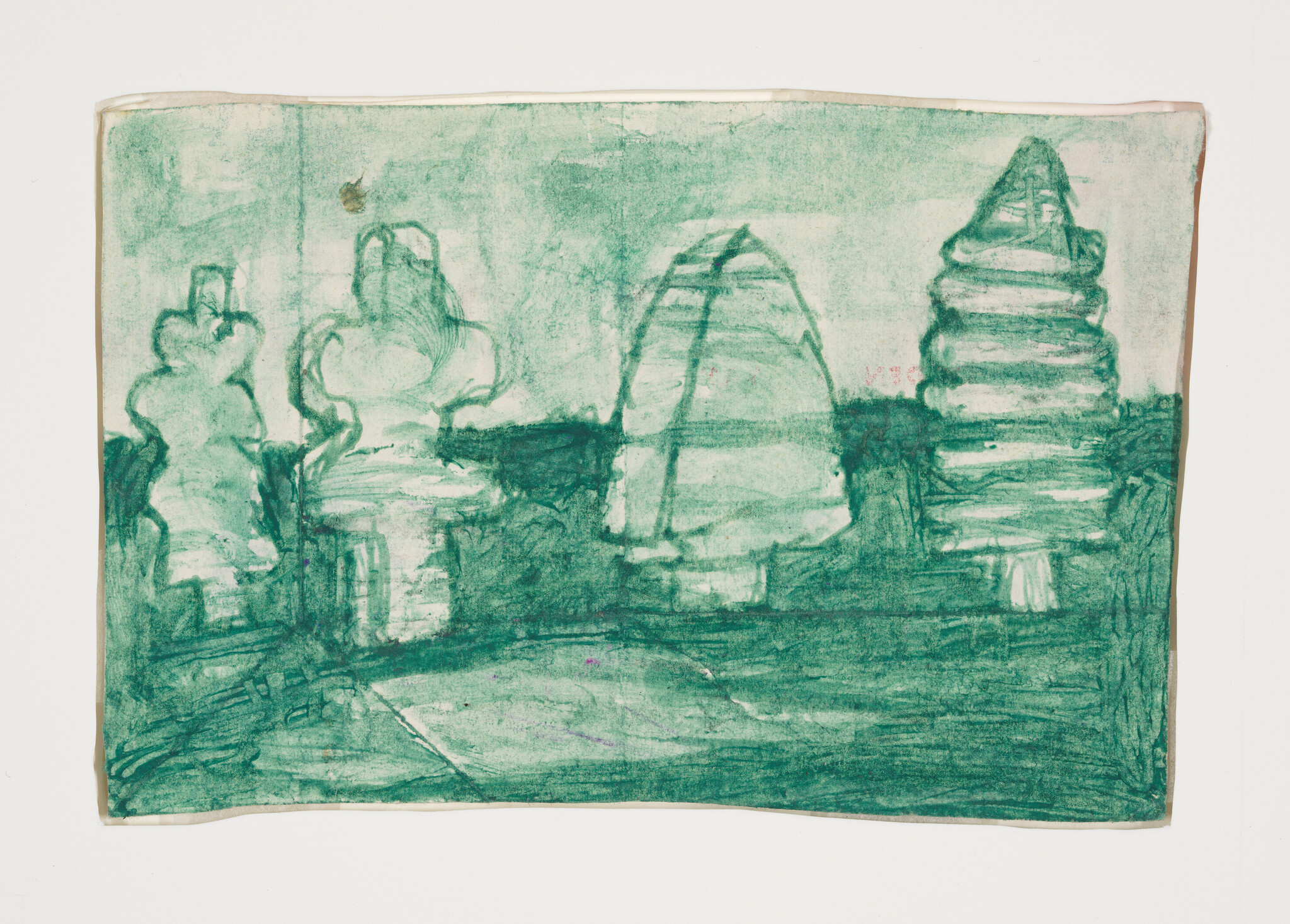 A green crayon sketch shows four rounded trees standing along a grassy path.