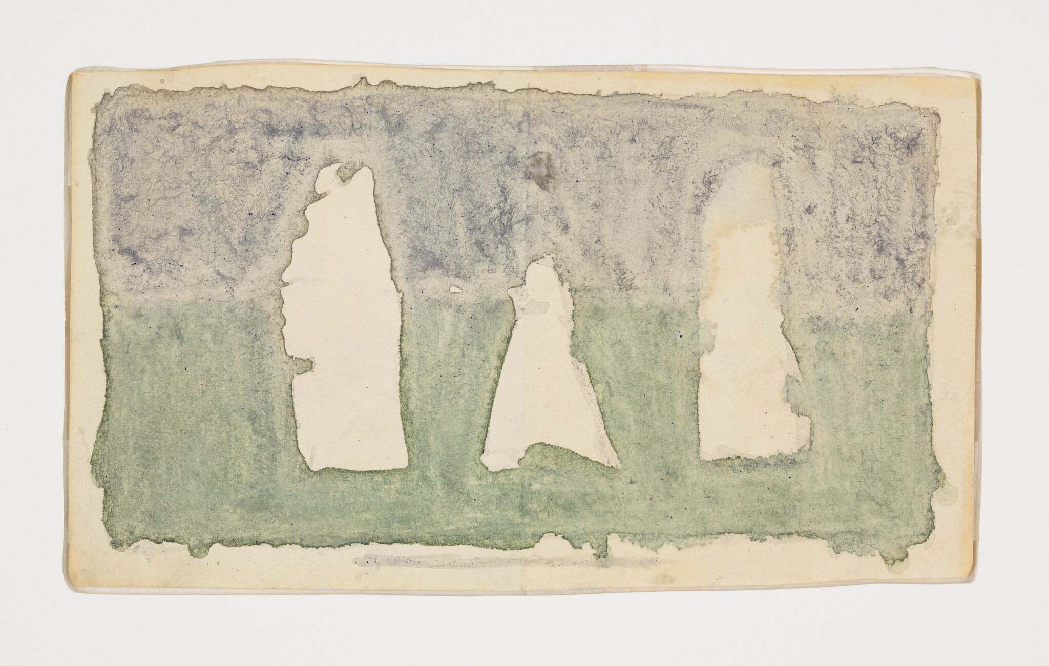 Three pale torn paper silhouettes stand against a horizontal blue and green watercolor wash.