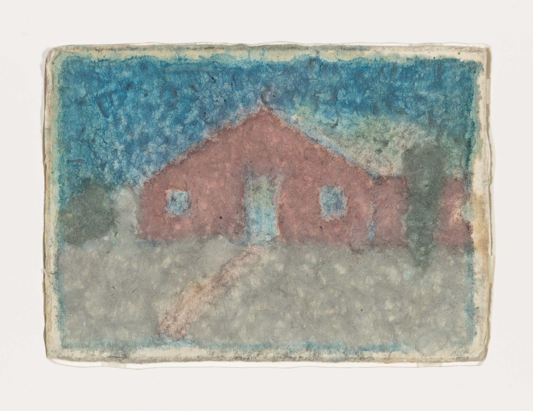 Small red house with a blue door, snowy yard, and trees under a deep blue sky.