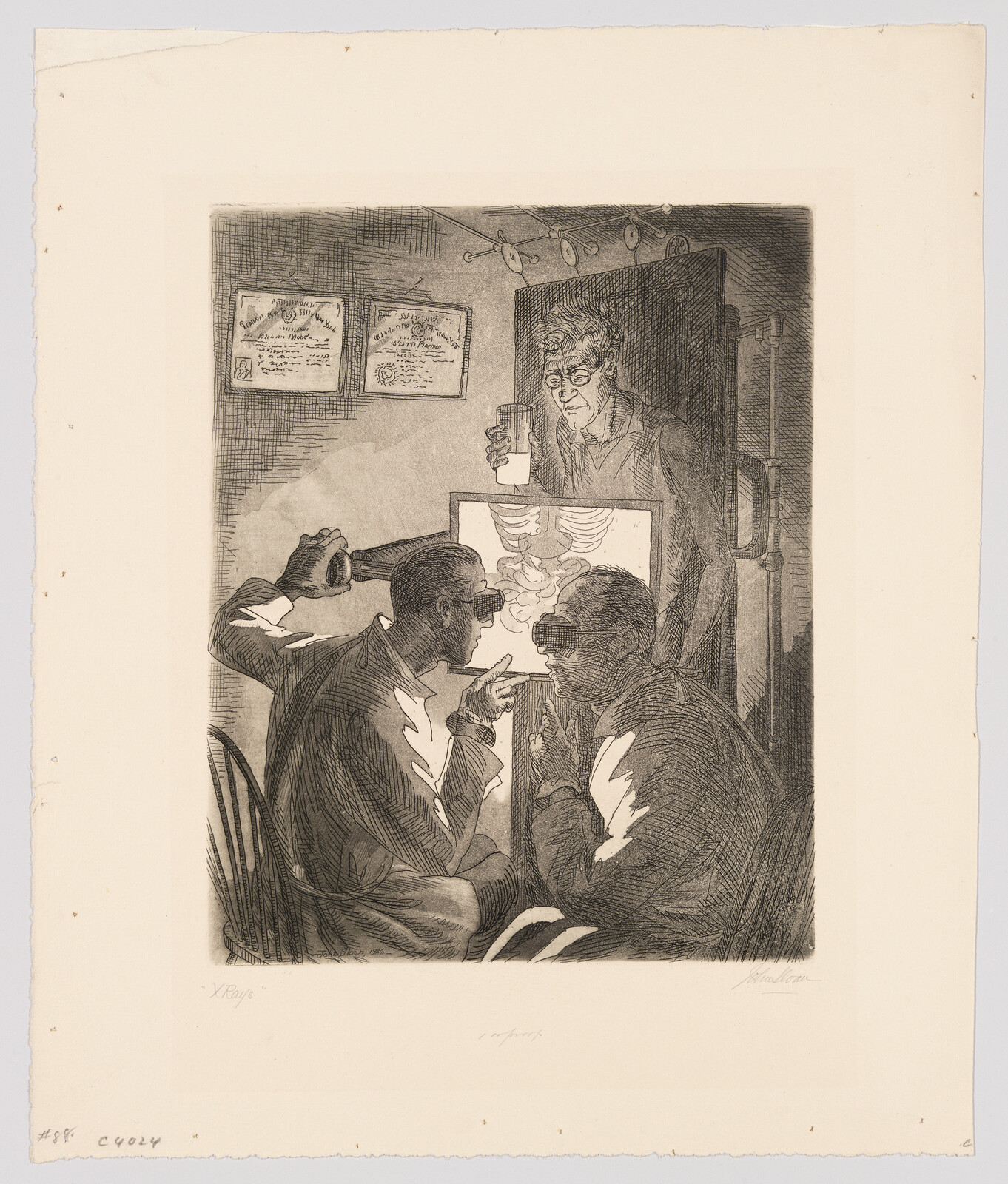 Two doctors examine an X-ray on a lightbox while a third man watches holding a glass.