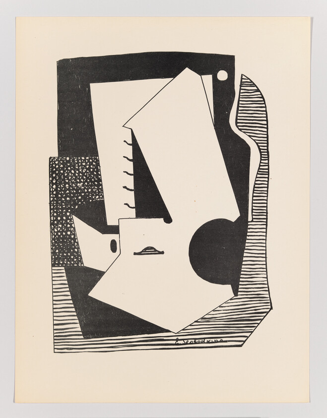 A black and white abstract print featuring geometric and organic shapes that suggest a stylized face with elements such as an eye and lips, created with a combination of solid fills and textured patterns. The artist's signature is visible at the bottom.