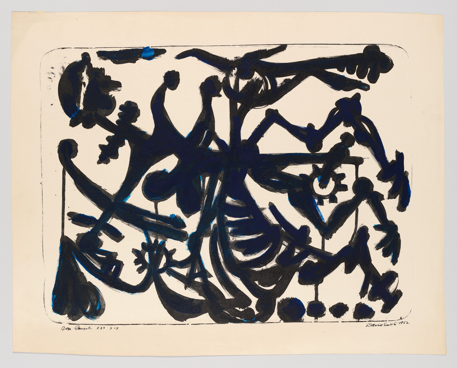Bold black and blue brushstrokes form an abstract, tangled skeletal shape across cream paper.