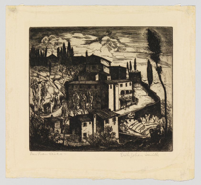 This is an etching of a pastoral landscape scene featuring a cluster of buildings in the foreground surrounded by trees and vegetation. The middle ground shows terraced fields and cypress trees, while the background includes a dramatic sky with clouds above a distant horizon. The image has a dynamic range of dark and light areas, creating a sense of depth and texture. Handwritten text at the bottom appears to be the title and artist's signature.