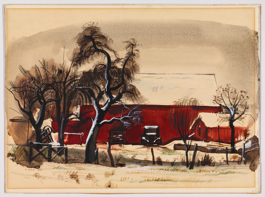 A red barn sits behind leafless trees and a wooden fence with an old truck parked nearby.