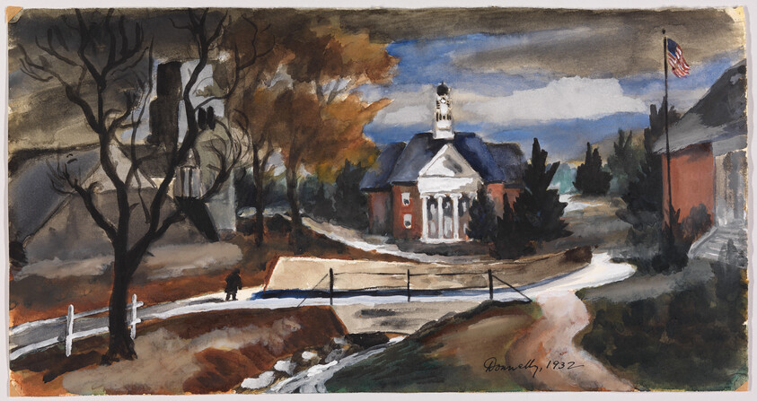 A small town scene with a white-columned town hall, winding road, bare trees, and a lone walker.