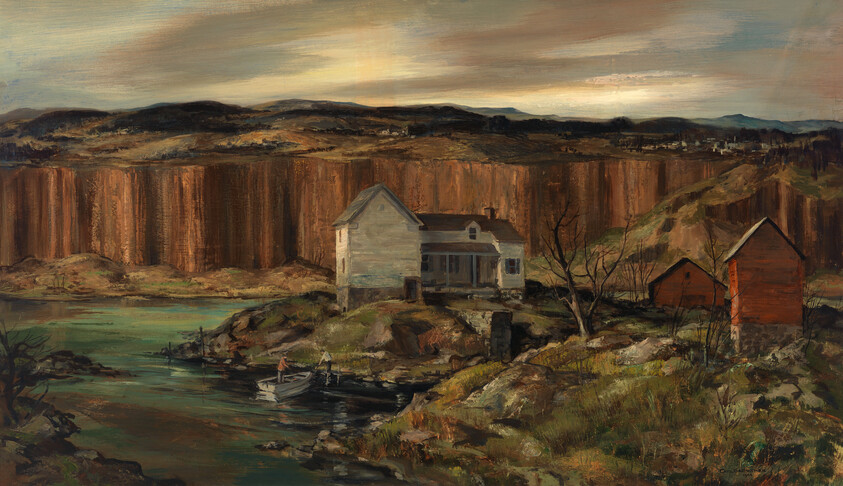 A painting depicting a rustic scene with a white house and a red barn situated on a rocky outcrop near a body of water. A small boat with two figures is visible on the water. The background features towering cliffs and a subdued sky with hints of sunlight breaking through the clouds. The landscape conveys a sense of solitude and the rugged beauty of a rural setting.