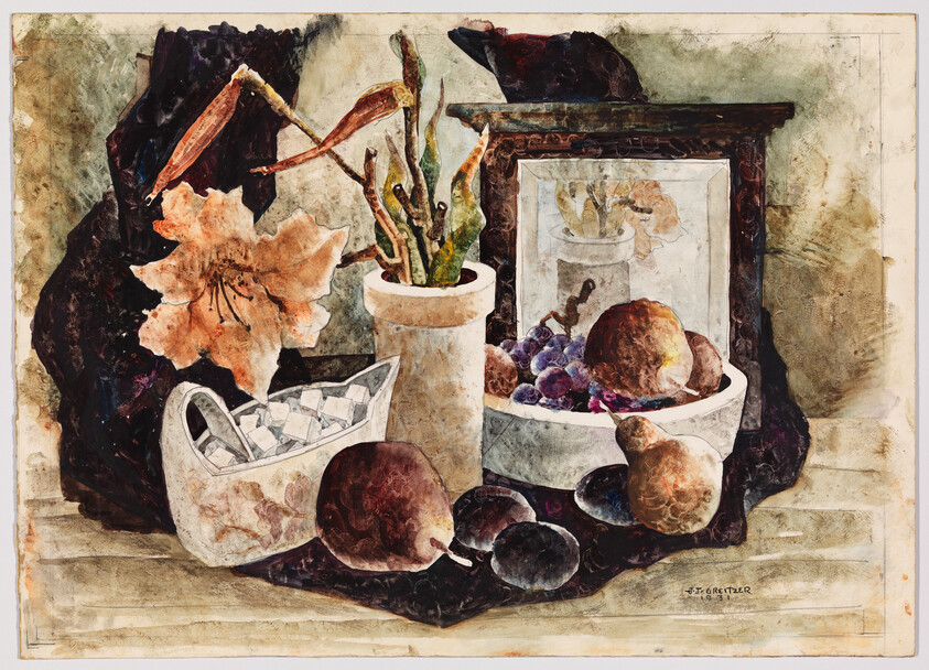 A watercolor still life painting featuring a variety of objects including a wilted flower in a vase, a bowl of grapes and pomegranates, and a basket with geometric shapes. The artwork has a rich texture and a blend of dark and warm tones, with the artist's signature at the bottom right.