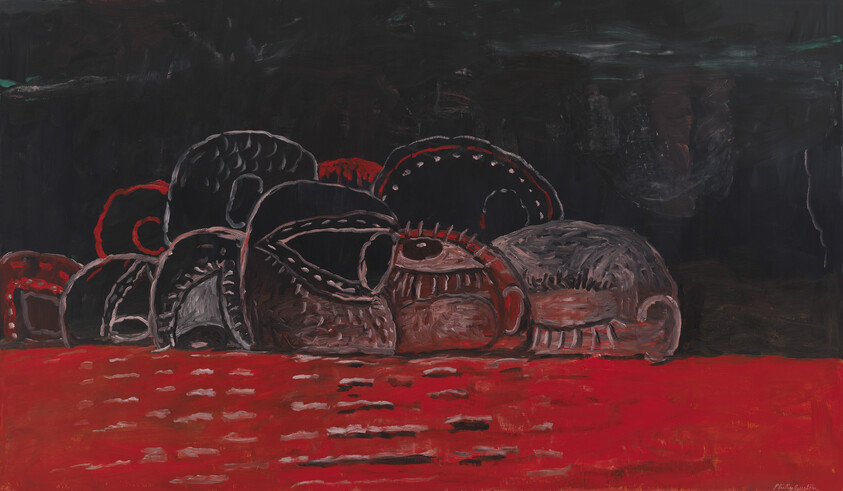 A dark, abstract painting featuring a series of interconnected, organic shapes with a red foreground and a predominantly black background. The shapes have a biomorphic appearance, with hints of red and white highlights that give them a somewhat skeletal look. The brushwork is expressive, and the overall mood of the piece is somber and mysterious. The artist's signature is visible in the bottom right corner.