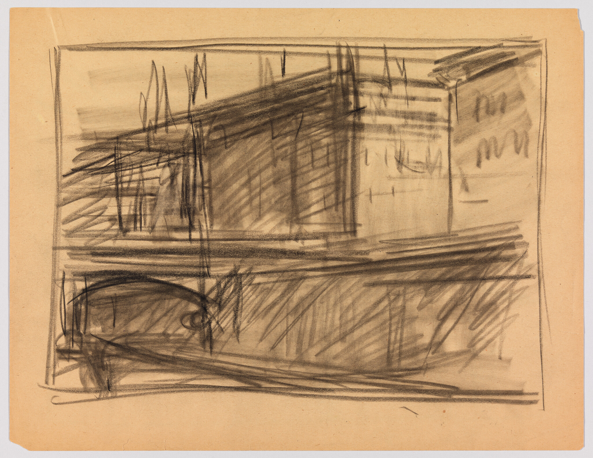 Rough charcoal sketch of a room interior with a windowed wall and an arched chair.