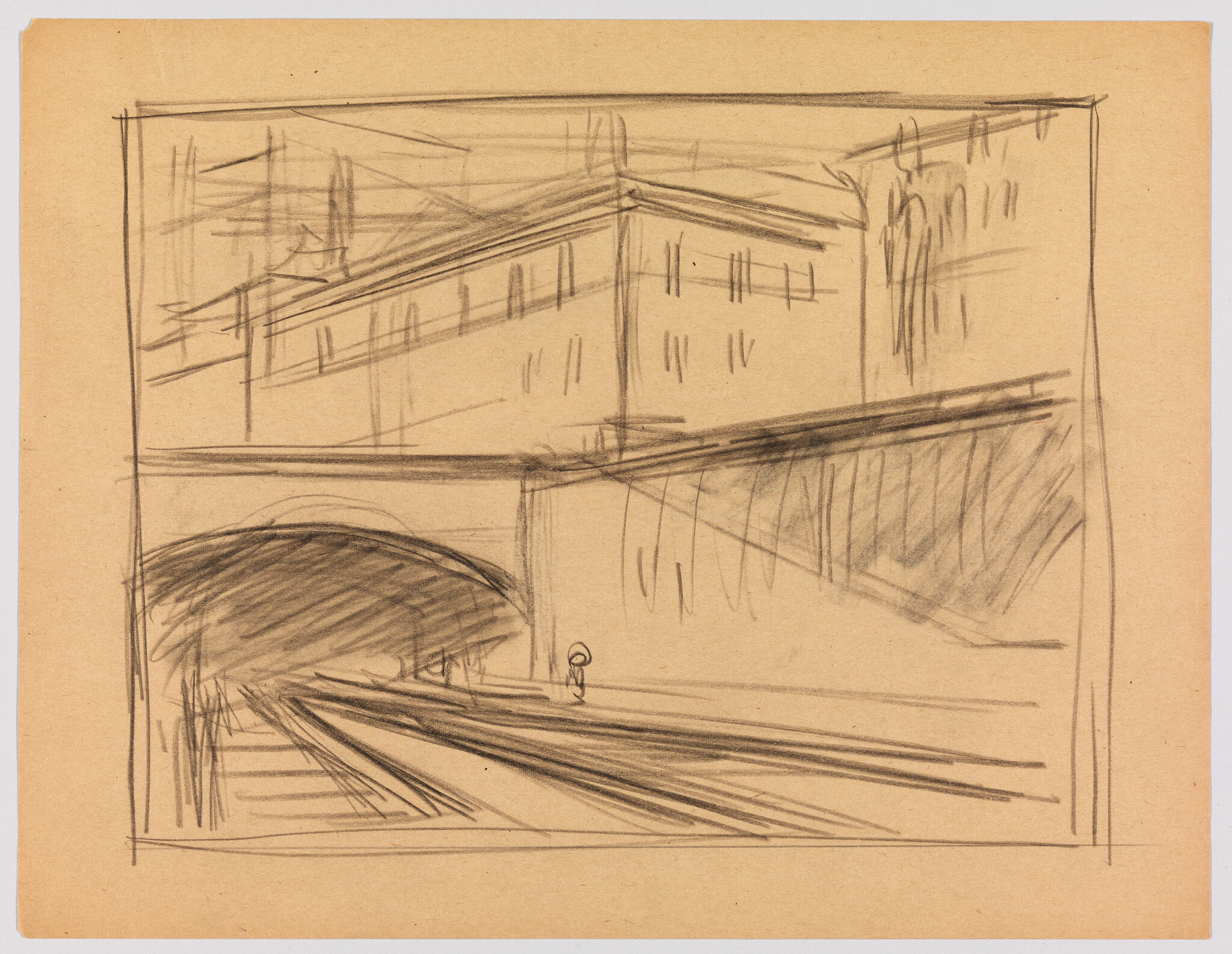 Pencil sketch of train tracks leading into a dark tunnel beneath an overpass with a small person.