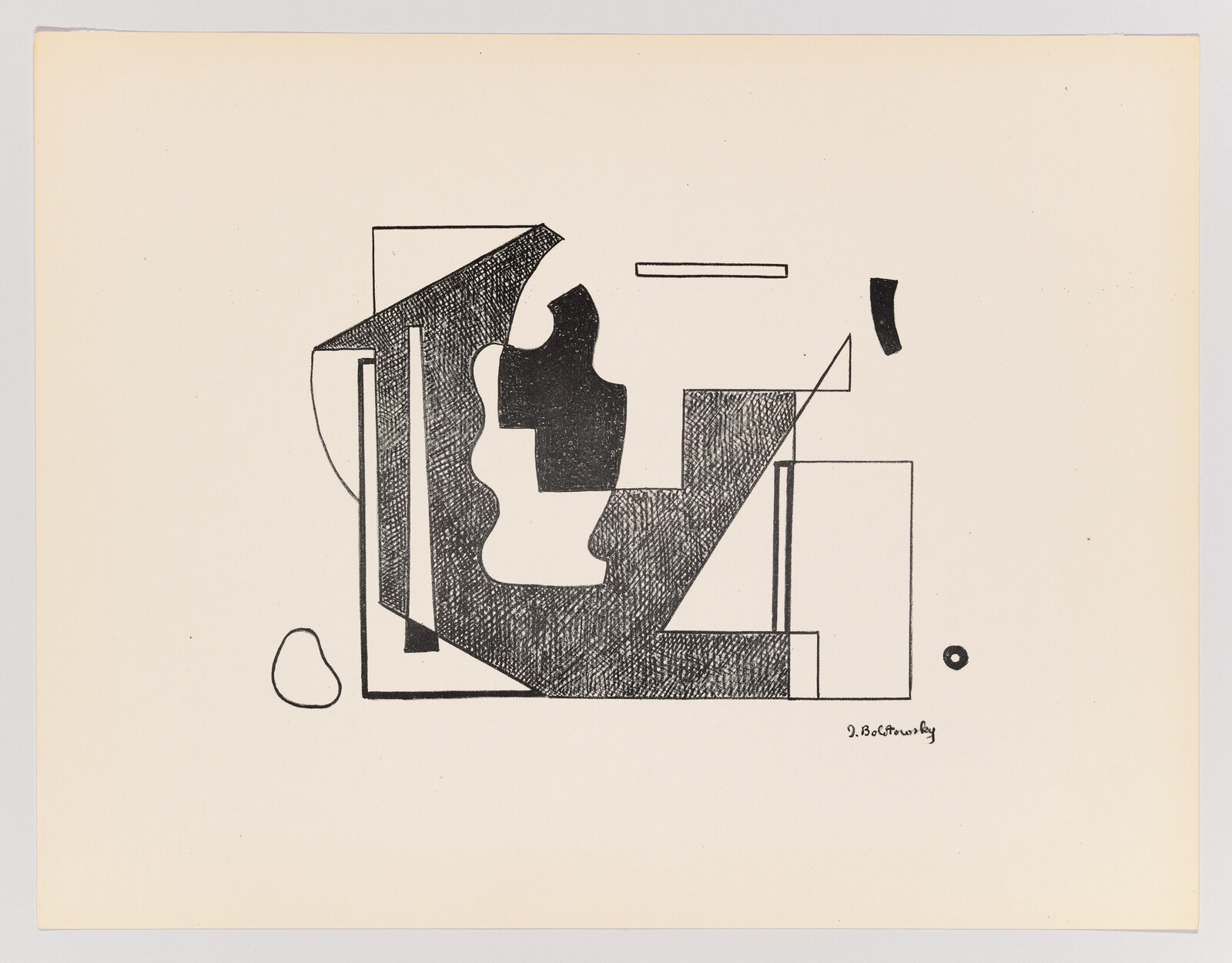 Abstract black-and-white composition with intersecting geometric shapes and a textured central silhouette.