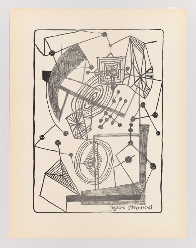 Abstract geometric ink drawing on cream paper showing concentric circles, angular shapes, and connected nodes, signed Byron Browne.
