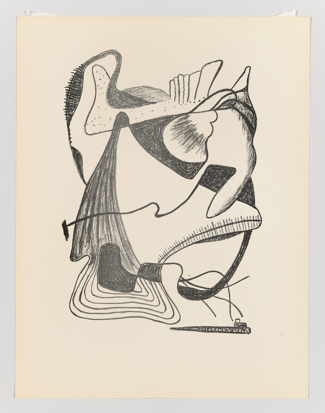 Abstract black ink drawing of flowing organic shapes and lines on cream paper.